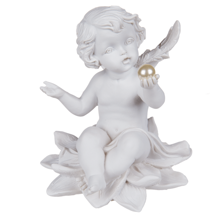 Sitting polyresin angel with pearl on flower, - Image 4