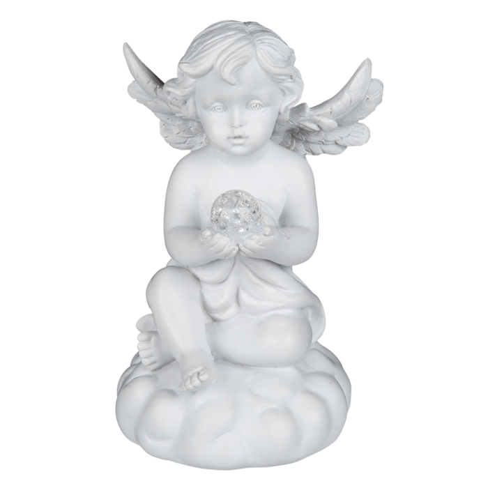 Sitting polyresin angel with white LED ball, - Image 3