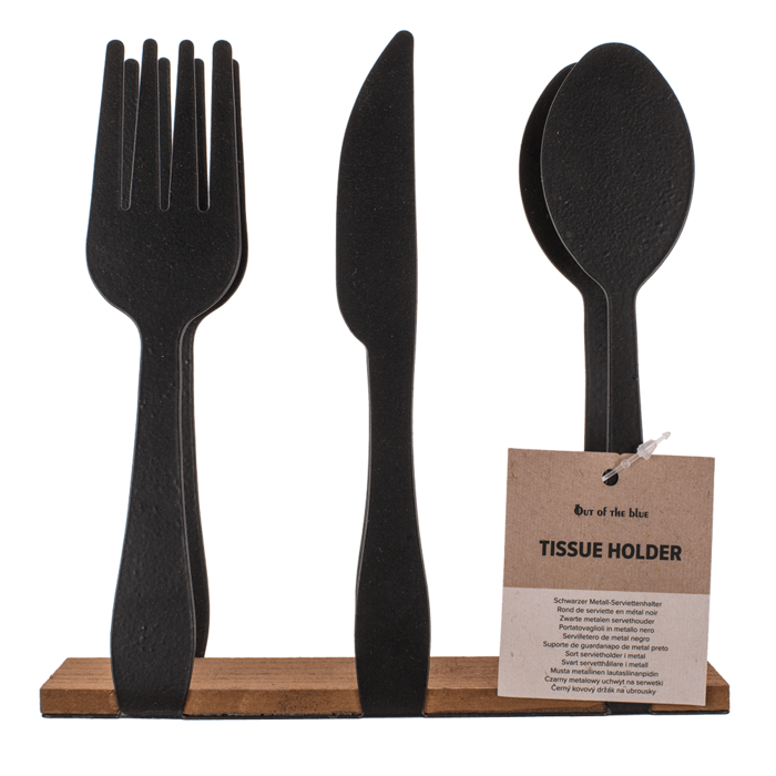 Black metal tissue holder, cutlery, with wooden - Image 2