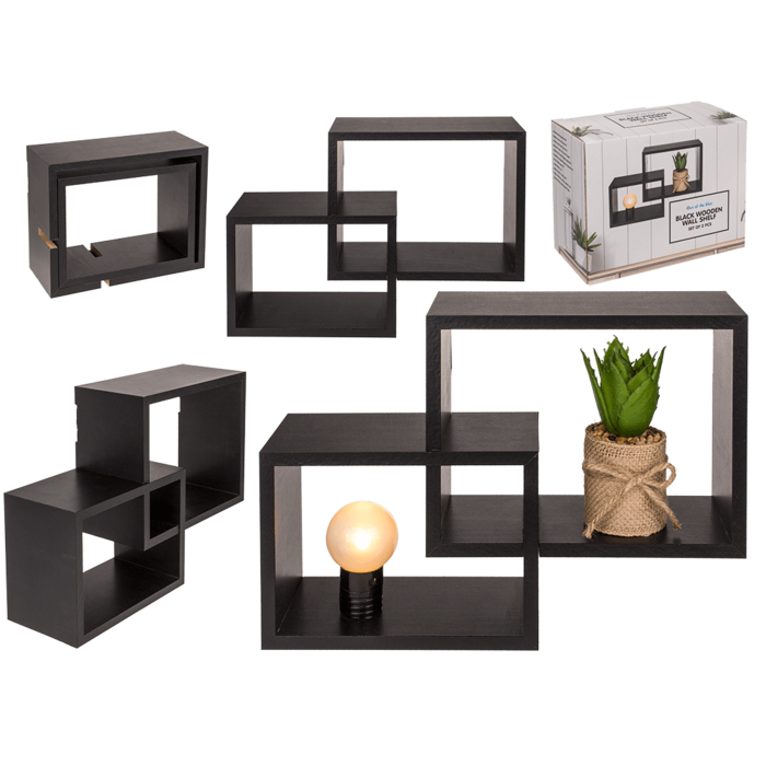 Black wooden wall shelf, Set of 2 pcs,