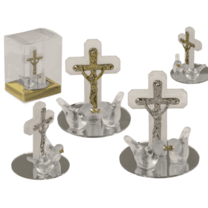 Glass cross with doves, 2 colours ass., 4 x 5 cm,