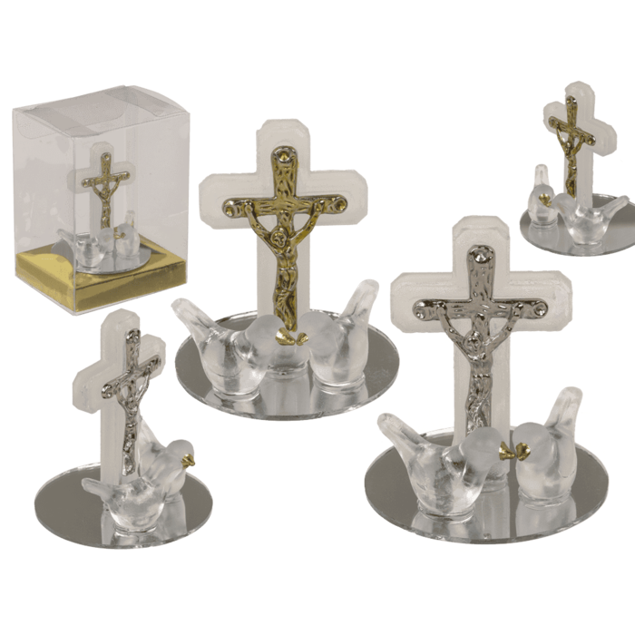 Glass cross with doves, 2 colours ass., 4 x 5 cm,