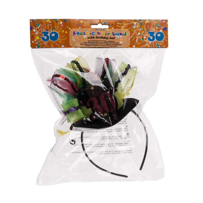 Plastic hairband with birthday hat 30 & feathers, - Image 4