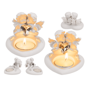 Polyresin heart tealight holder with double angel