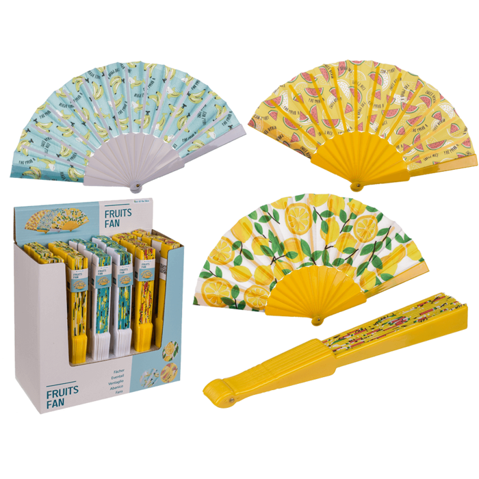 Plastic fan, fruits,