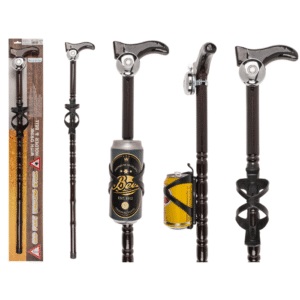 Wooden walking stick with drink holder & bell,