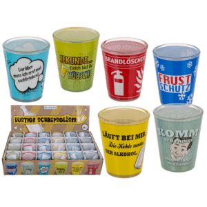 Shooter glasses, slogans,