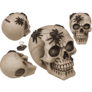 Saving bank with lock, skull with spiders,