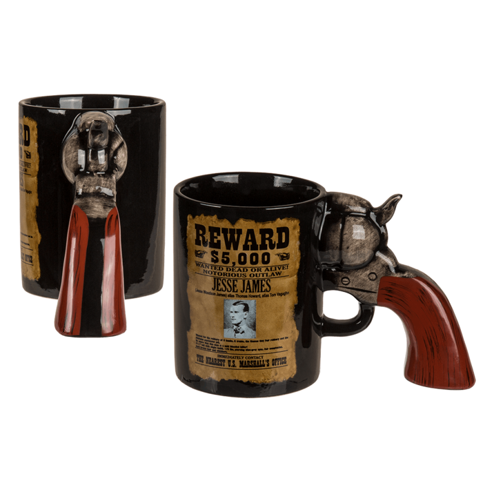 Ceramic mug, Wanted Poster with revolver handle,