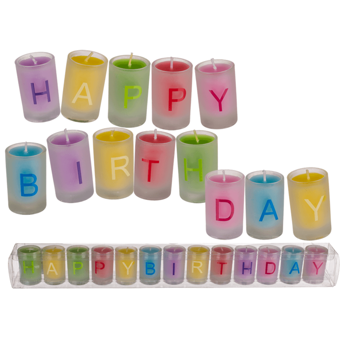 Coloured candles in glass, Happy Birthday,