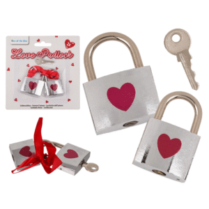 Silver coloured love lock with red heart,