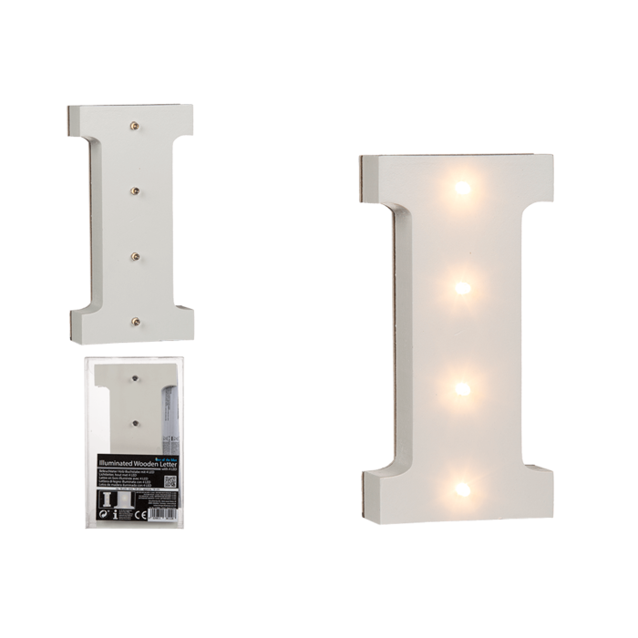 Illuminated wooden letter I, with 4 LED,