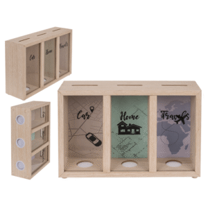 Wooden saving box with 3 boxes, Car/Home/Travels,