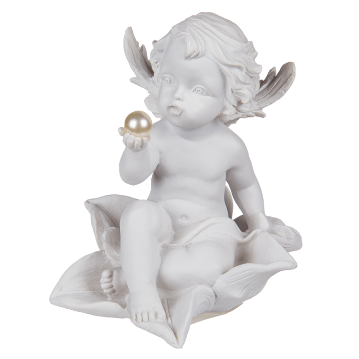 Sitting polyresin angel with pearl on flower, - Image 2