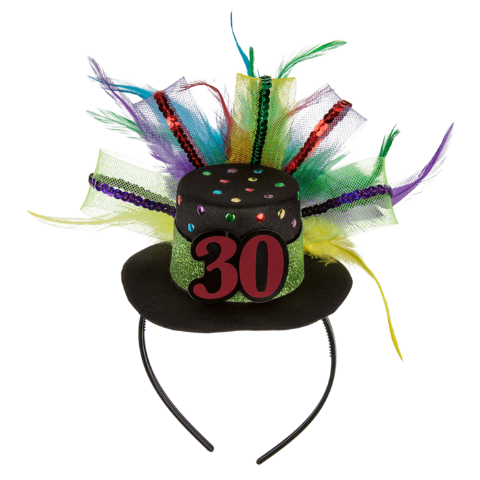 Plastic hairband with birthday hat 30 & feathers, - Image 2
