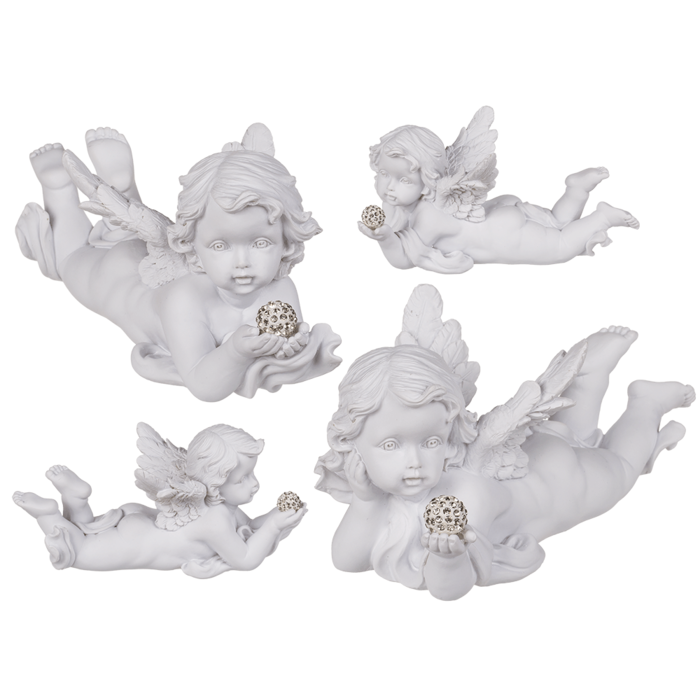 White, lying Polyresin Angel with Crystal Deco,