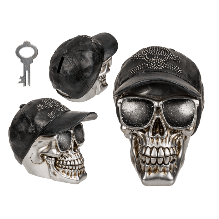 Savings bank with lock, Skull with basecap,
