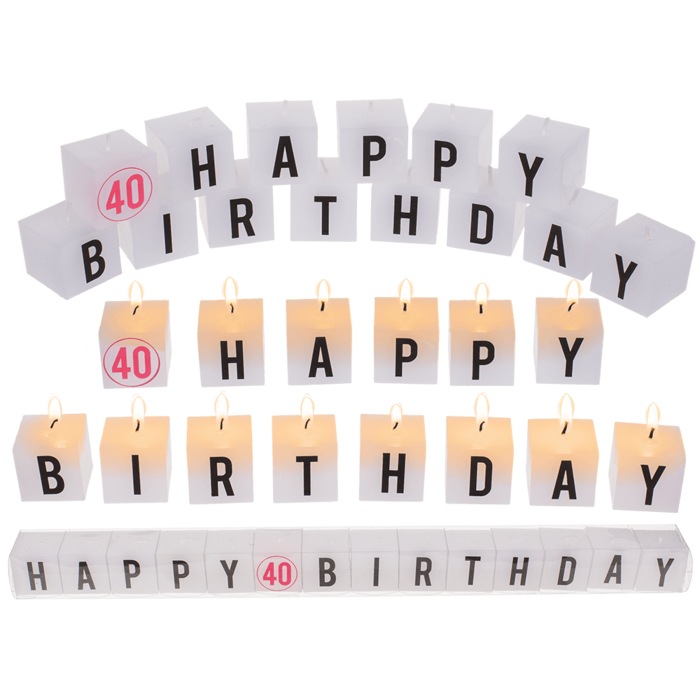 Square candles with letters, Happy 40 Birthday,