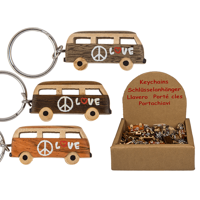 Metal keychain, Natural wood Hippie Van,