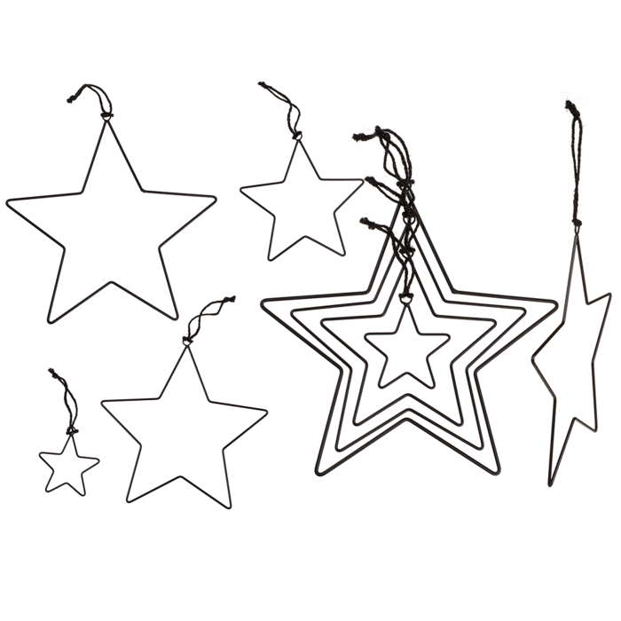 Black metal stars, for hanging, 4 pcs per set,