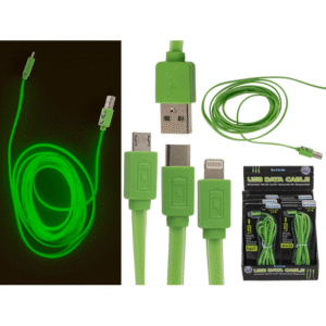 Green USB data cable, glowing in the dark,