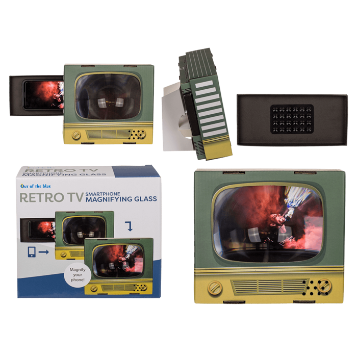 Smartphone magnifying glass, retro television,