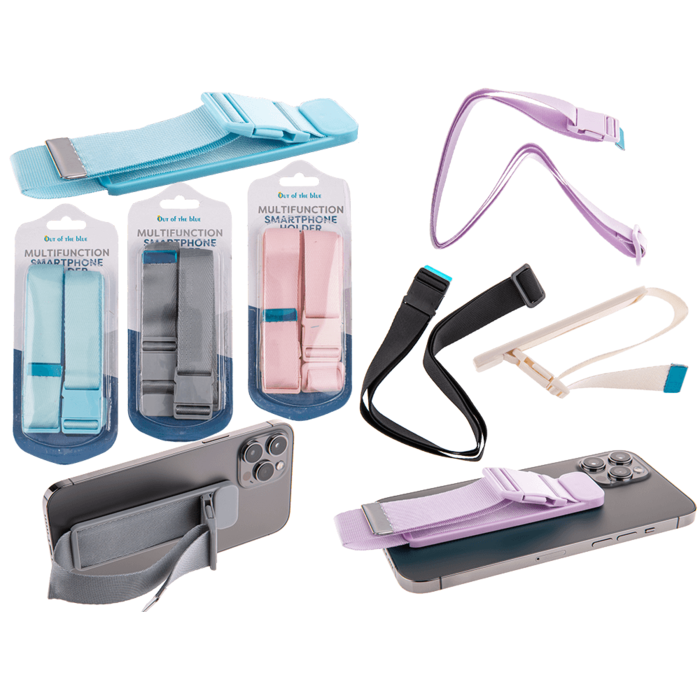 Multifunction phone holder with flexible strap,