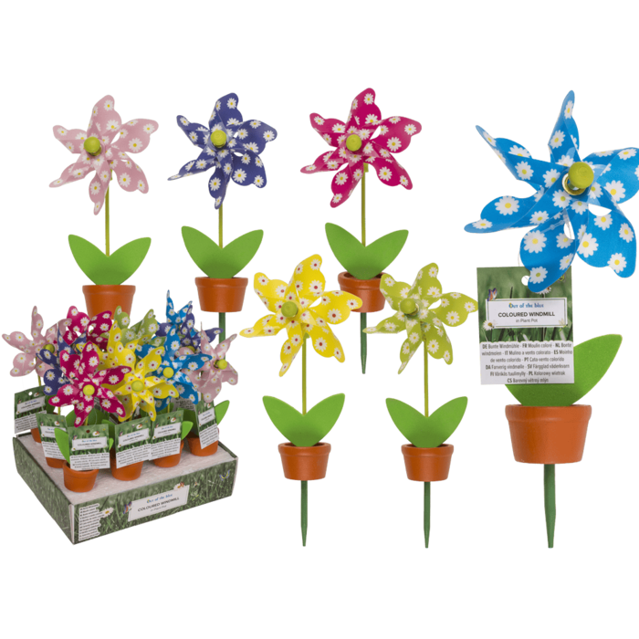 Coloured Windmill in Plant Pot with wooden stake,