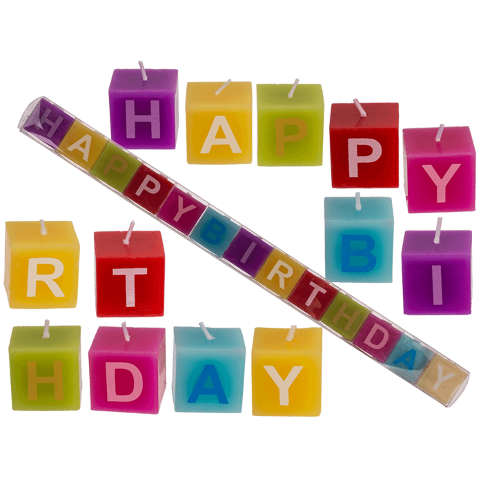 Multi coloured square candles with letters,