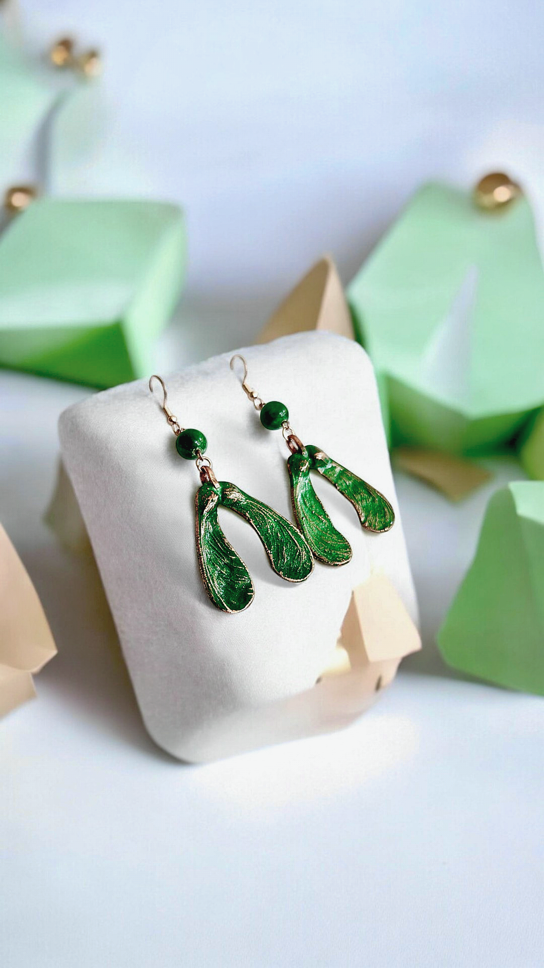 Copper earrings “Maple Seeds” with green patina - Image 2