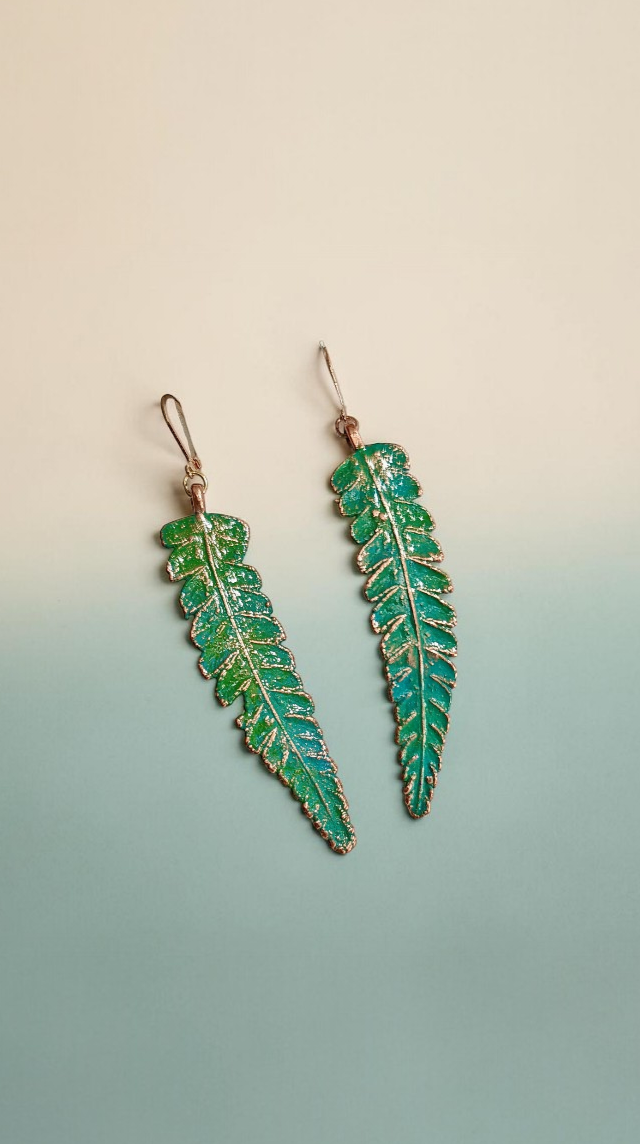 Copper Fern Earrings with Green Patina - Image 2