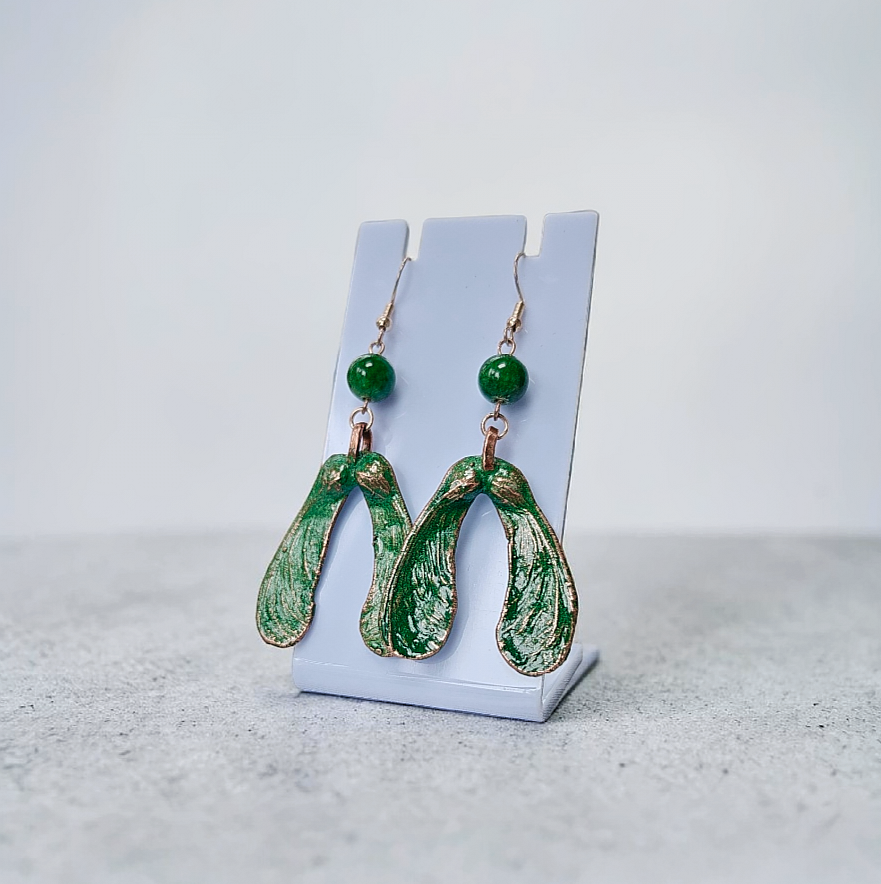 Copper earrings “Maple Seeds” with green patina
